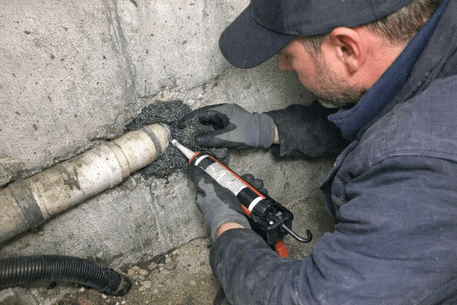 Rohrdurchführung in der Kellerwand wird mit geeignetem Material abgedichtet