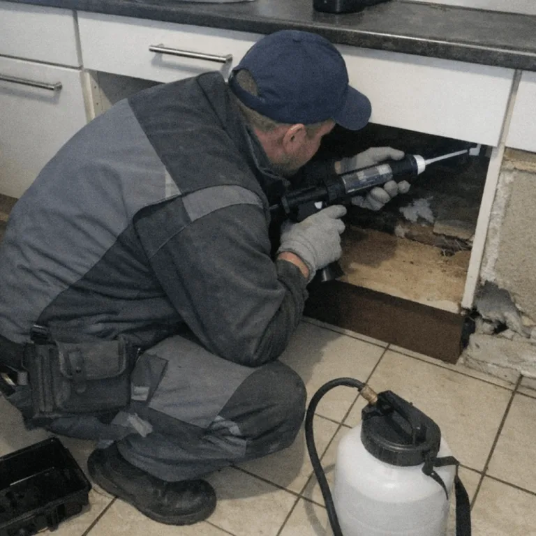 Ein professioneller Kammerjäger Mäuse bei der akuten Nagerbekämpfung vor Ort.