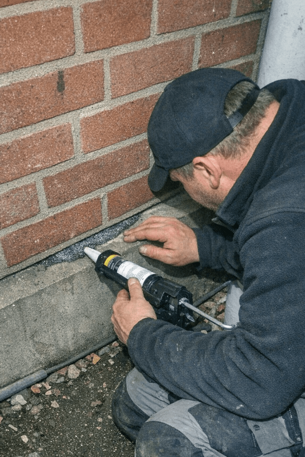 Handwerker sichert eine Rohrdurchführung mit nagerfestem Material
