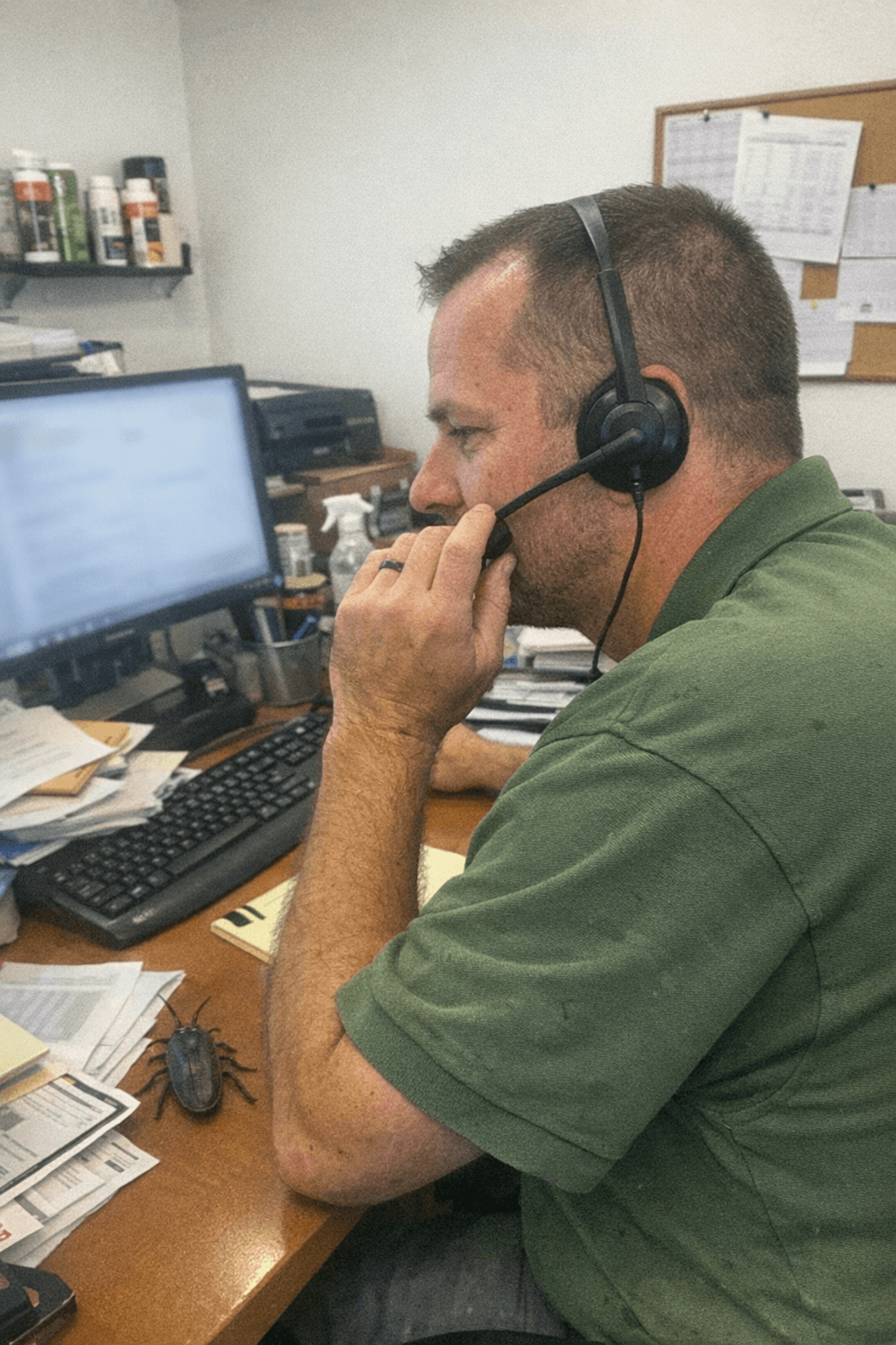 Mitarbeiter notiert während eines Telefongesprächs Einsatzdaten an einem Schreibtisch