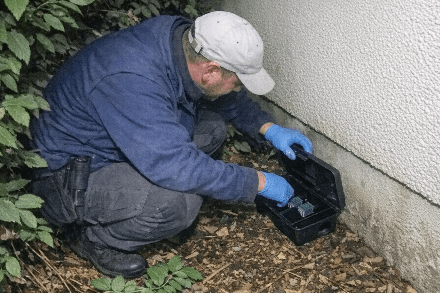Außenbereich mit kontrollierter Fangstation an der Hausfassade